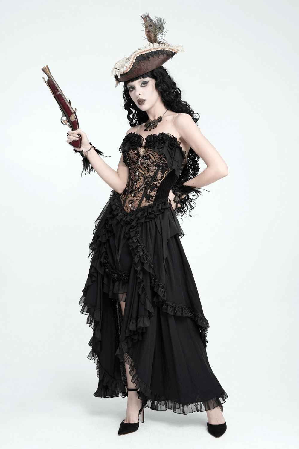 Victorian Gothic Brocade Corset Top with Rose Trim, gothic steampunk bustier with lace trim, model in black fantasy outfit