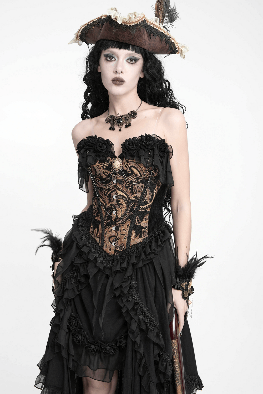 Victorian Gothic Brocade Corset Top with Rose Trim, a black and bronze steampunk bustier with rose detail and lace-up fit