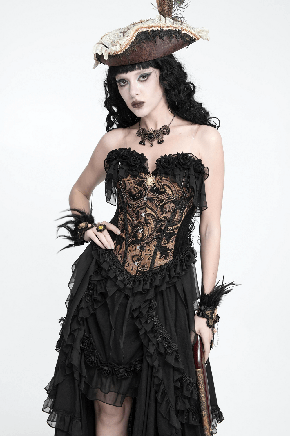 Victorian Gothic Brocade Corset Top with Rose Trim, black lace bustier with brocade and rose details, gothic steampunk style