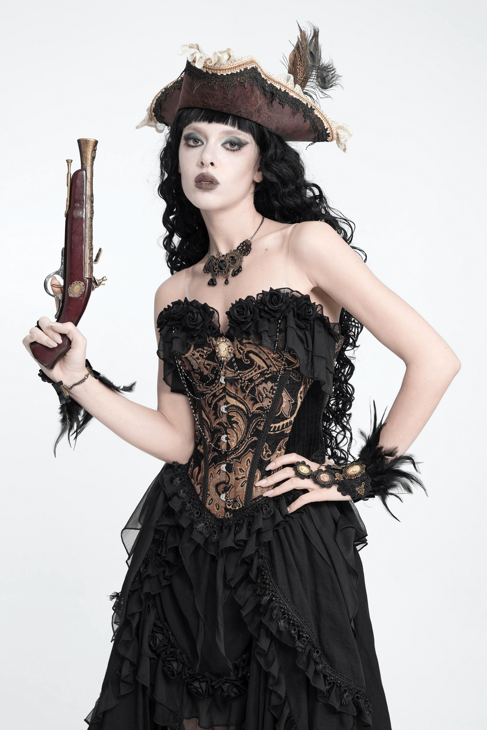 Victorian Gothic Brocade Corset Top with Rose Trim, black lace bustier with rose neckline and sheer draped hem