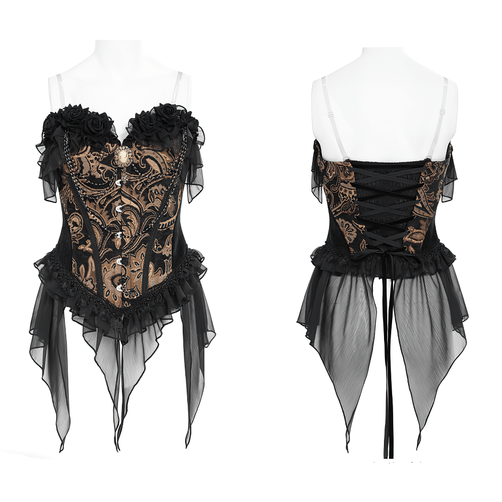 Victorian Gothic Brocade Corset Top with Rose Trim brown steampunk lace-up bustier with black lace and sheer hem