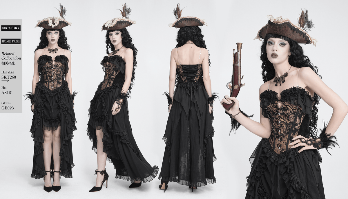 Victorian Gothic Brocade Corset Top with Rose Trim black brocade bustier with ruffled hem and lace-up back
