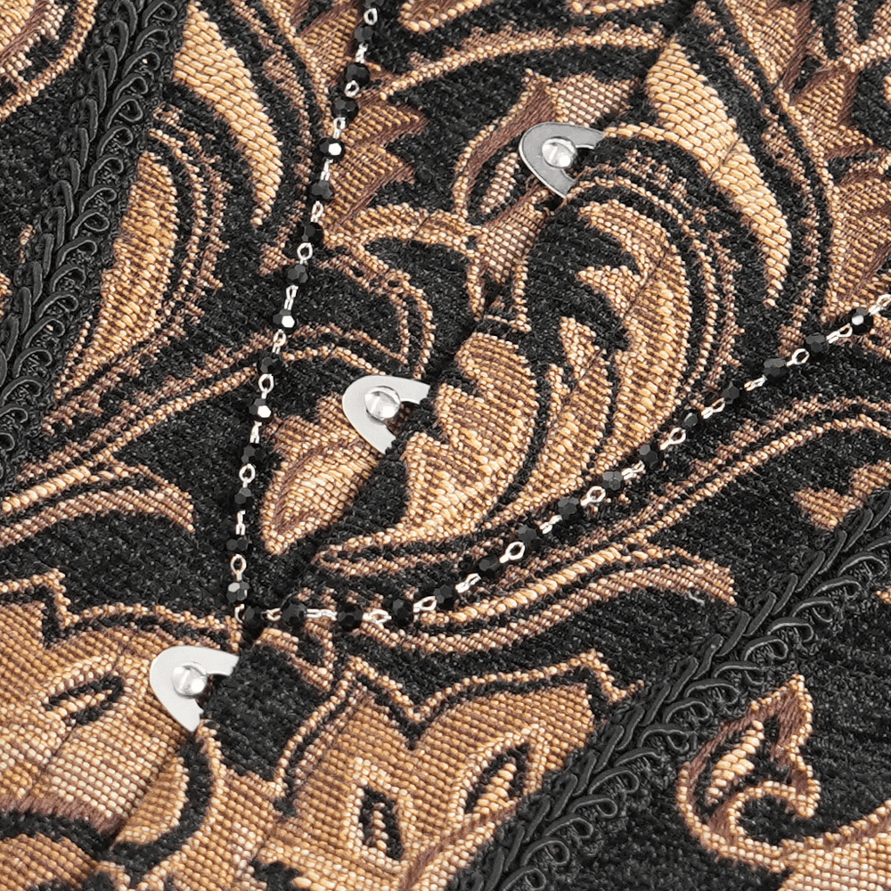 Victorian Gothic Brocade Corset Top with Rose Trim, black lace and bronze brocade details with decorative clasps