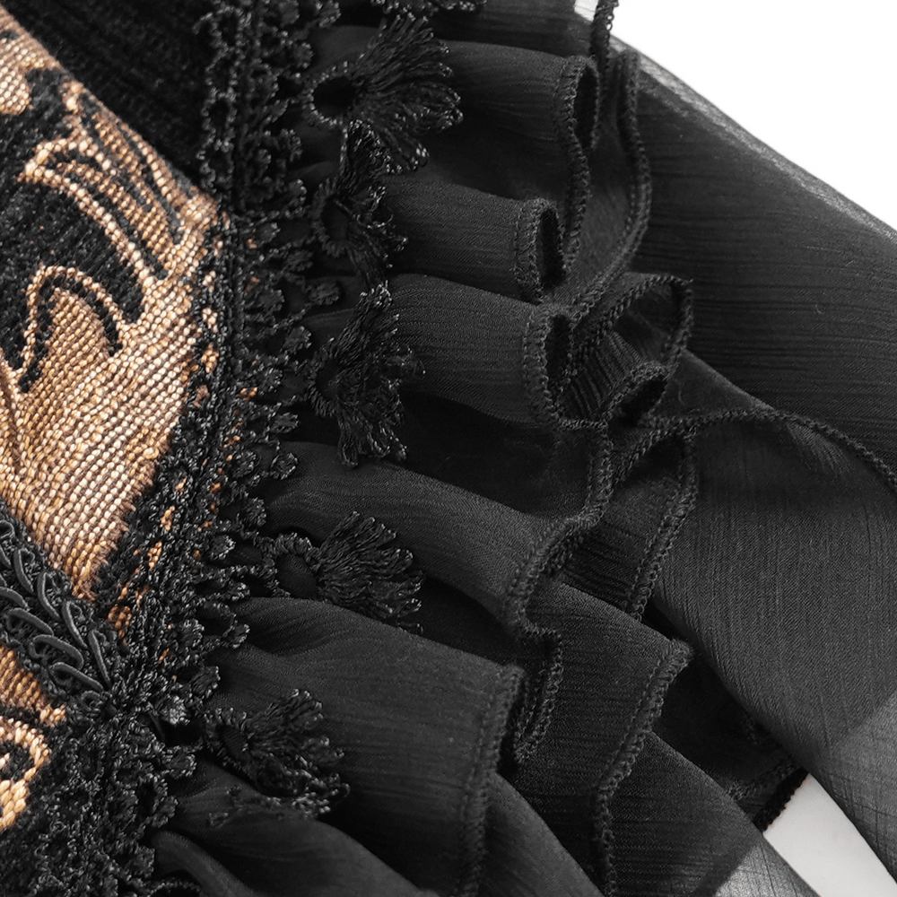 Victorian Gothic Brocade Corset Top with Rose Trim, black lace, bronze brocade and sheer ruffled hem for steampunk flair