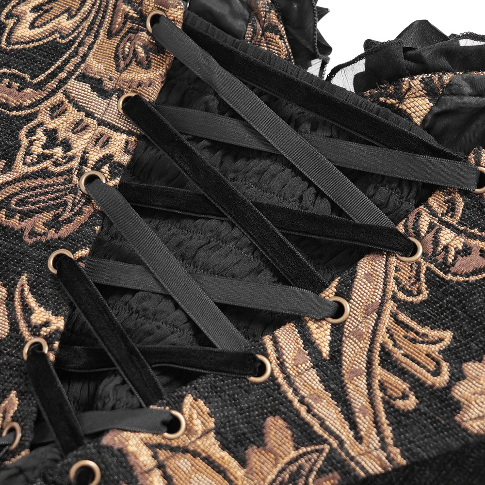 Victorian Gothic Brocade Corset Top with Rose Trim, black lace-up back and bronze brocade detail