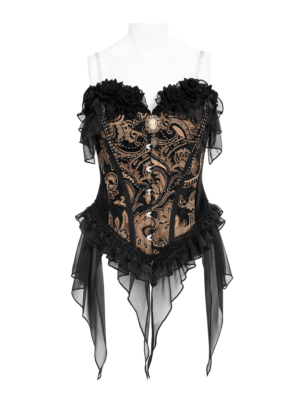 Victorian Gothic Brocade Corset Top with Rose Trim, black lace-up bustier with bronze brocade, roses and sheer draped hem