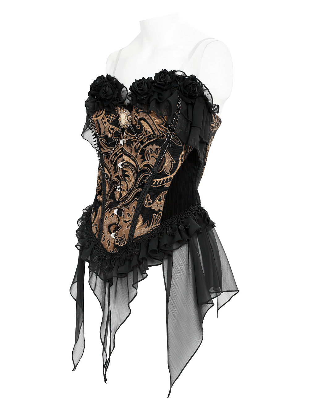 Victorian Gothic Brocade Corset Top with Rose Trim, black lace-up bustier with rose accents and sheer draped hem