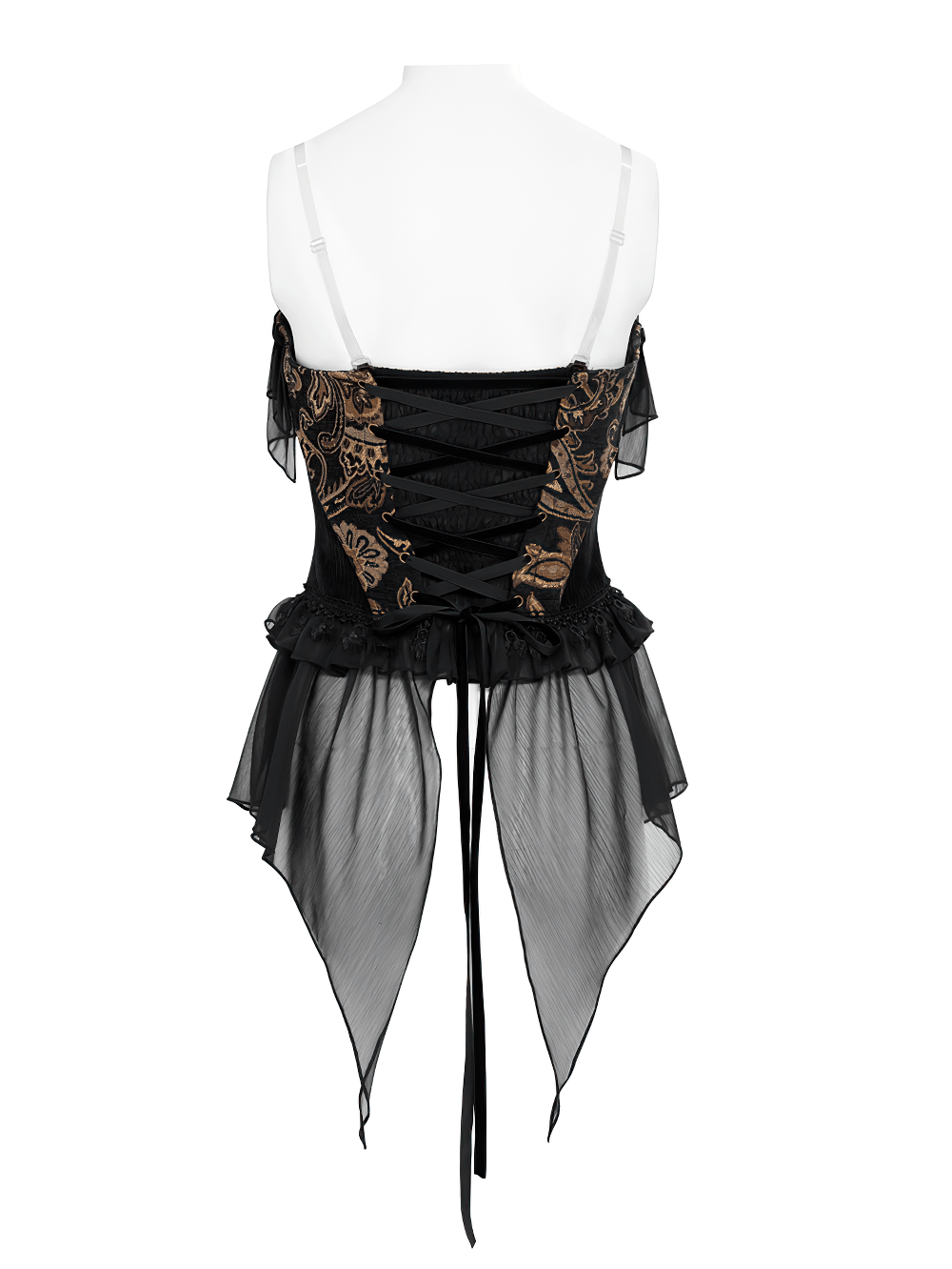 Victorian Gothic Brocade Corset Top with Rose Trim, black lace-up back and sheer draped hem bustier