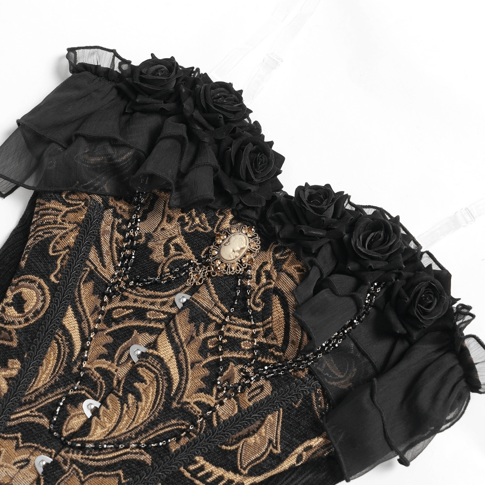 Victorian Gothic Brocade Corset Top with Rose Trim, black lace bustier with bronze brocade, roses, and draped sheer hem