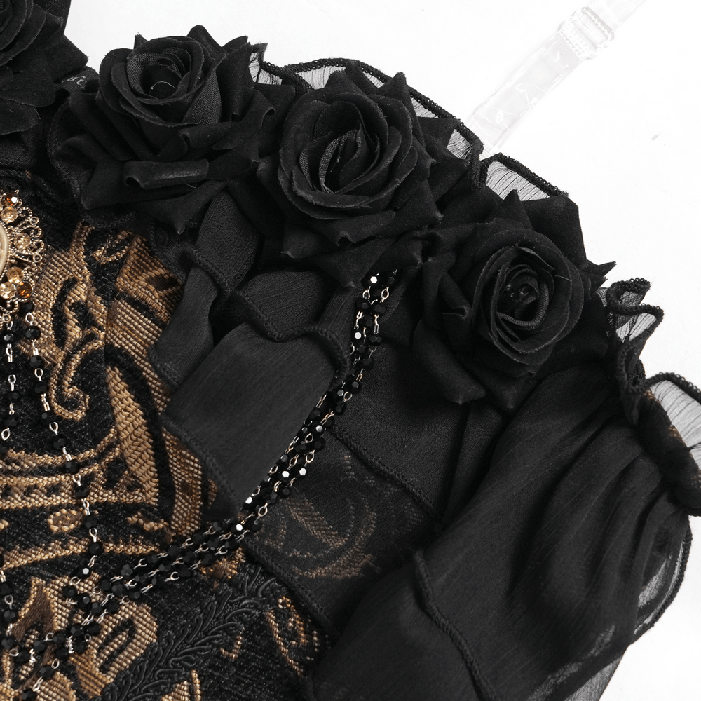 Victorian Gothic Brocade Corset Top with Rose Trim, black rose details, bronze brocade and lace-up steampunk bustier