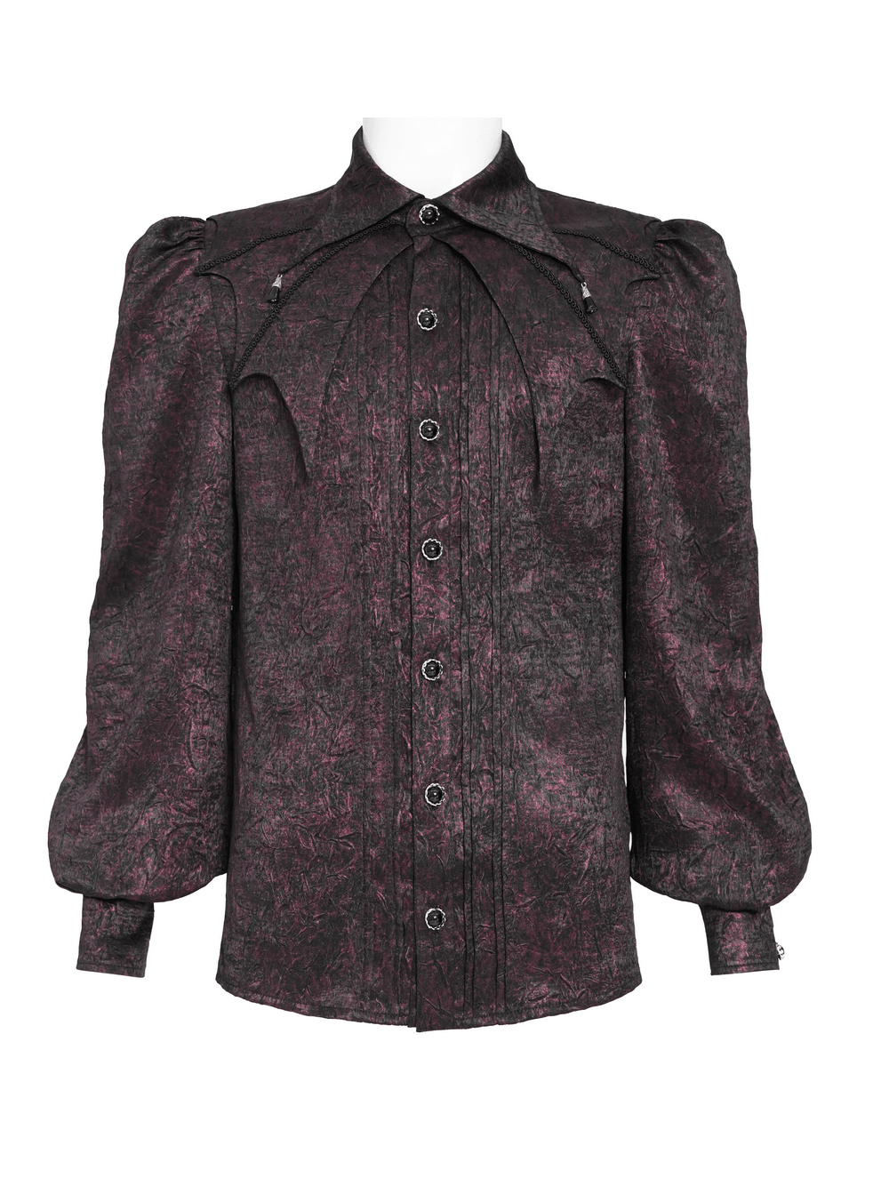 Victorian Gothic Brocade Shirt With Puff Sleeves and Tie in black and wine with cameo brooch detail.