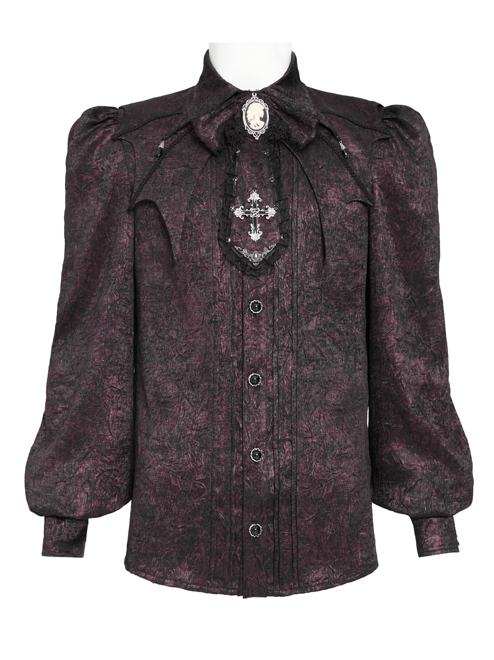 Victorian Gothic Brocade Shirt With Puff Sleeves and Tie featuring dark wine texture and ornate cameo detail.