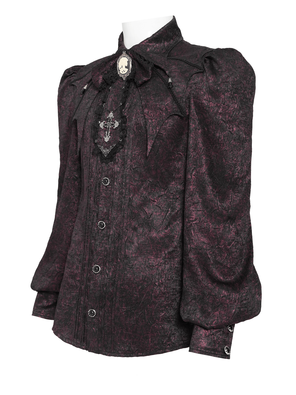 Victorian Gothic Brocade Shirt With Puff Sleeves and Tie featuring a black and wine textured finish and ornate cameo details.