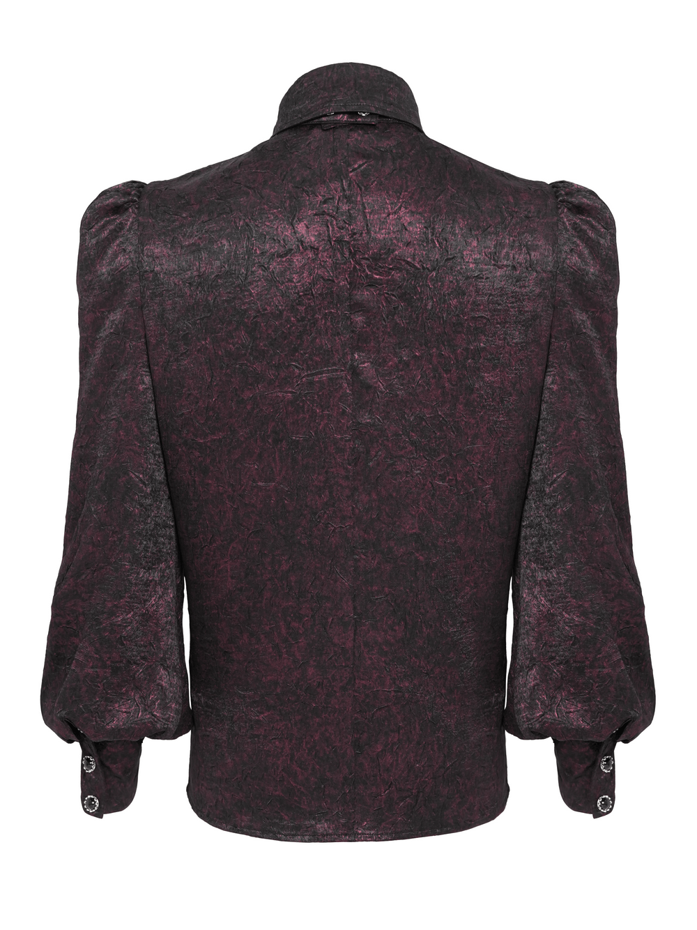 Victorian Gothic Brocade Shirt With Puff Sleeves and Tie - back view with dark texture and statement puff sleeves.