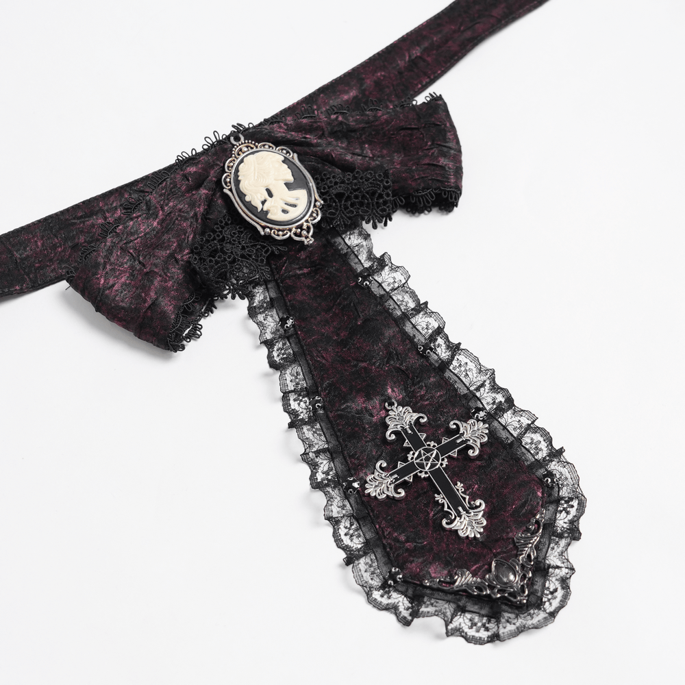 Victorian Gothic Brocade Shirt With Puff Sleeves and Tie with ornate cameo brooch detail and lace accents.