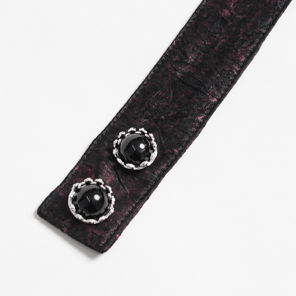Victorian Gothic Brocade Shirt With Puff Sleeves and Tie detail featuring a beautiful black and wine fabric with cameo buttons.