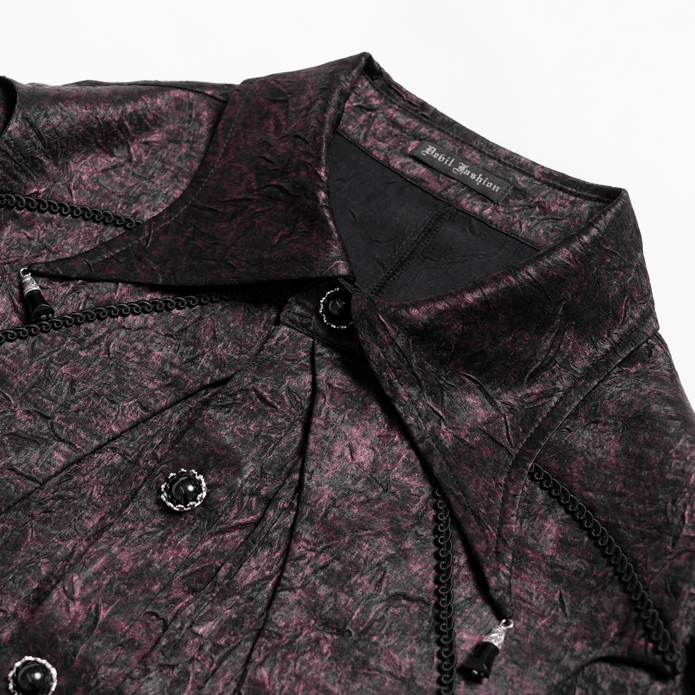 Victorian Gothic Brocade Shirt With Puff Sleeves and Tie in dark and wine tones with textured finish and elaborate buttons.
