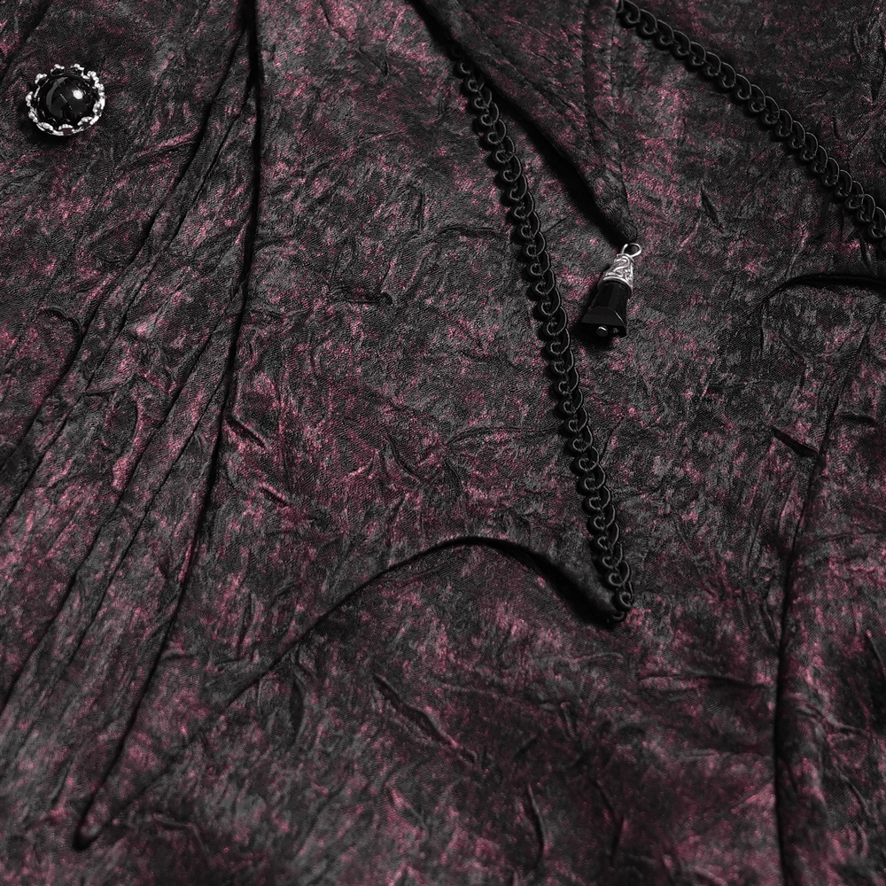 Victorian Gothic Brocade Shirt With Puff Sleeves and Tie showcasing the textured fabric, cameo brooch, and unique tie detail.