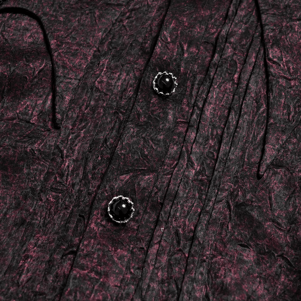 Victorian Gothic Brocade Shirt With Puff Sleeves and Tie close-up of buttons and intricate fabric detail