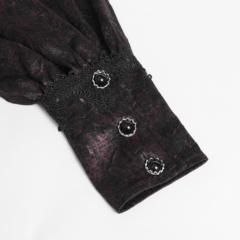 Victorian Gothic Brocade Shirt With Puff Sleeves and Tie cuff detail featuring lace and ornate buttons.