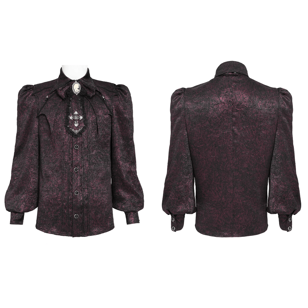 Victorian Gothic Brocade Shirt With Puff Sleeves and Tie featuring dark burgundy texture and elegant cameo detail.