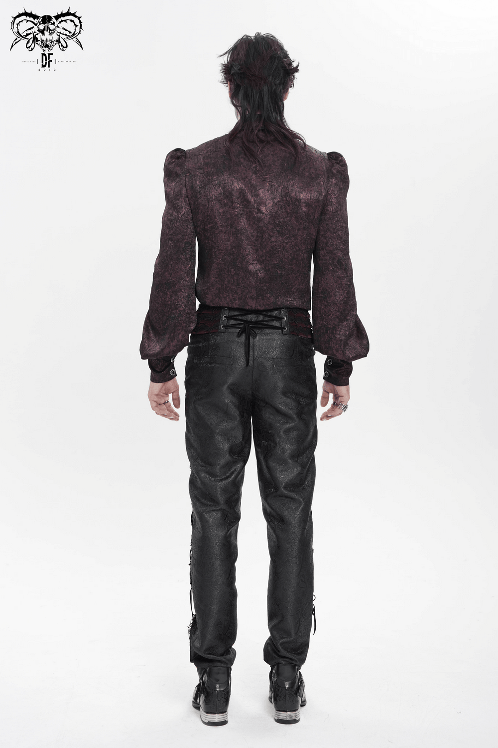 Victorian Gothic Brocade Shirt With Puff Sleeves and Tie, back view showcasing dark brocade detail and elegant puff sleeves.