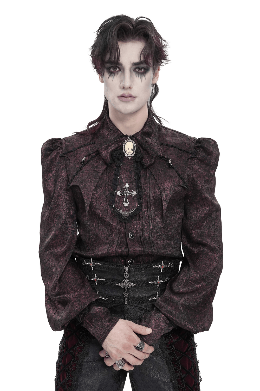 Victorian Gothic Brocade Shirt With Puff Sleeves and Tie, featuring ornate cameo brooch and dark textured design.