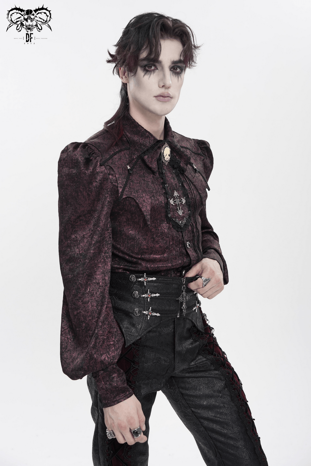 Victorian Gothic Brocade Shirt With Puff Sleeves and Tie styled on a model, showcasing dark elegance and vintage charm.