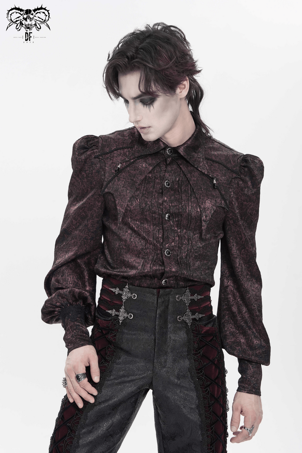 Victorian Gothic Brocade Shirt With Puff Sleeves and Tie worn by a model, featuring textured black and wine fabric.