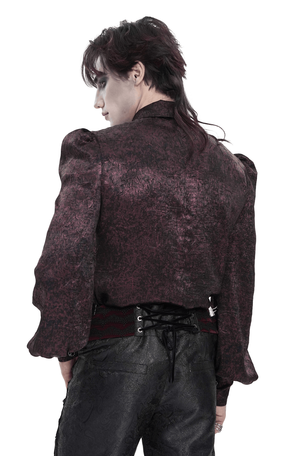 Victorian Gothic Brocade Shirt With Puff Sleeves and Tie showcasing the back view and textured dark fabric.