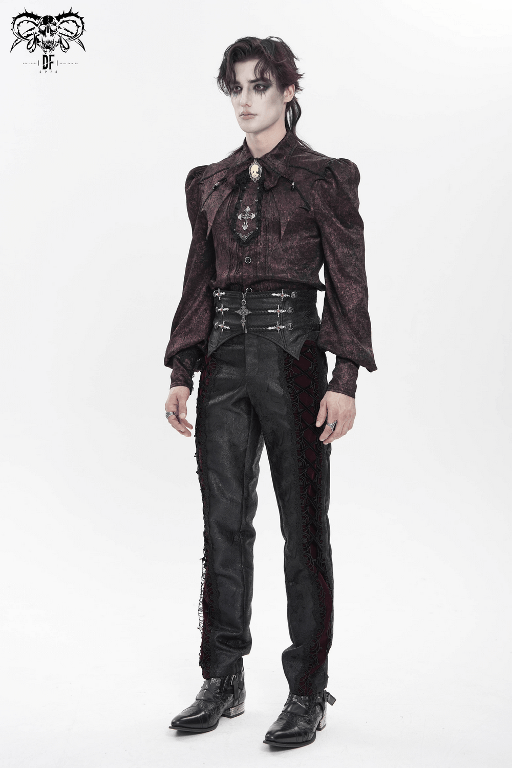 Victorian Gothic Brocade Shirt With Puff Sleeves and Tie displayed on model in dark ensemble.