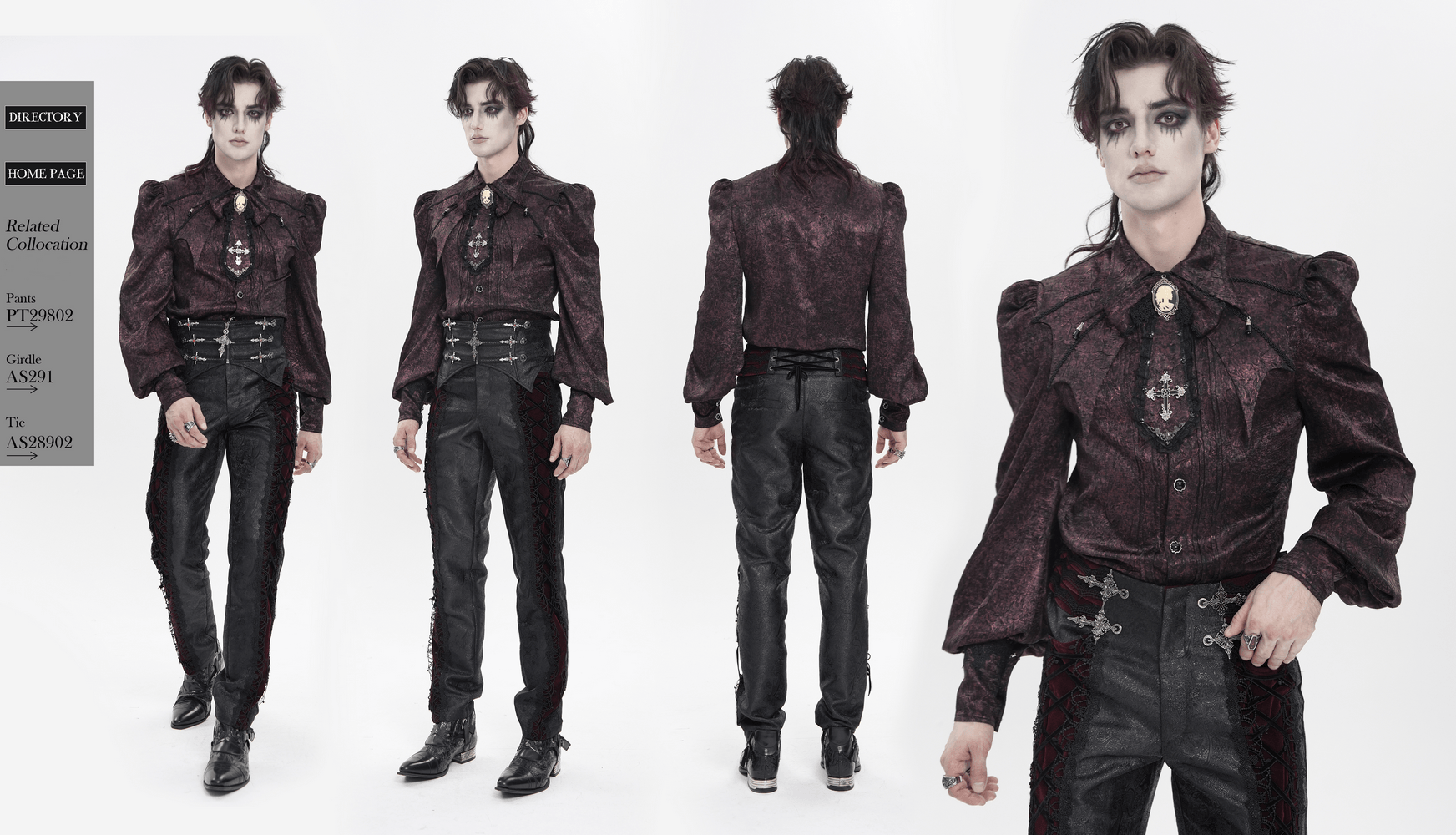 Victorian Gothic Brocade Shirt With Puff Sleeves and Tie worn by model, showcasing dark academia style with ornate details.