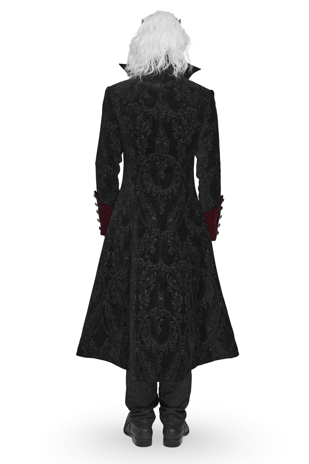 Victorian Gothic Brocade Tailcoat with Wine Red Velvet Trim back view featuring black embossed brocade and red velvet cuffs.