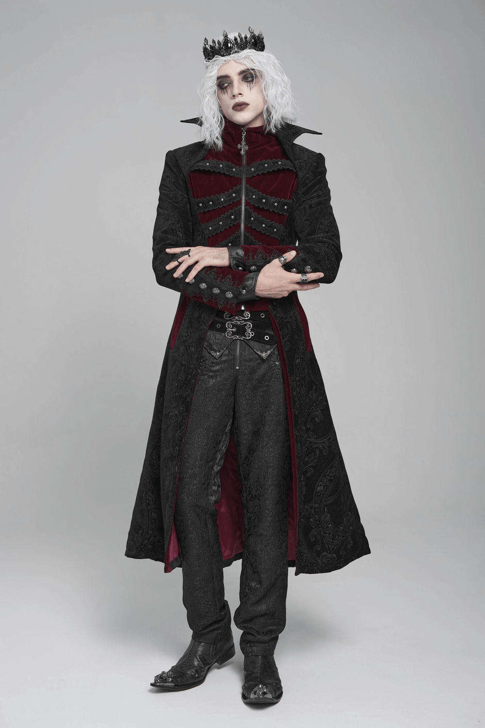 Victorian Gothic Brocade Tailcoat with Wine Red Velvet Trim worn by gothic model with crown and dramatic makeup.