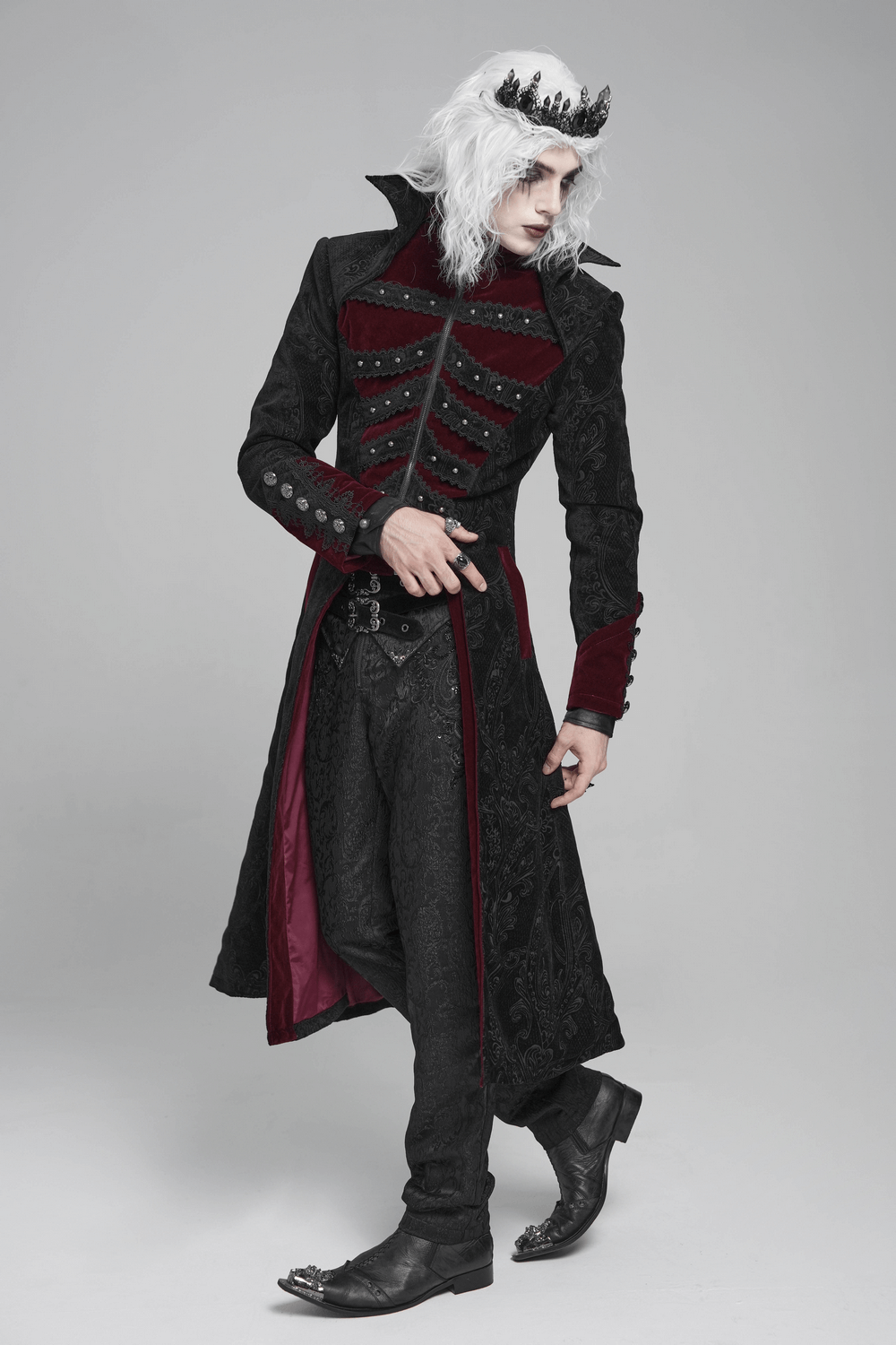Victorian Gothic Brocade Tailcoat with Wine Red Velvet Trim model showcasing gothic elegance and dramatic style.