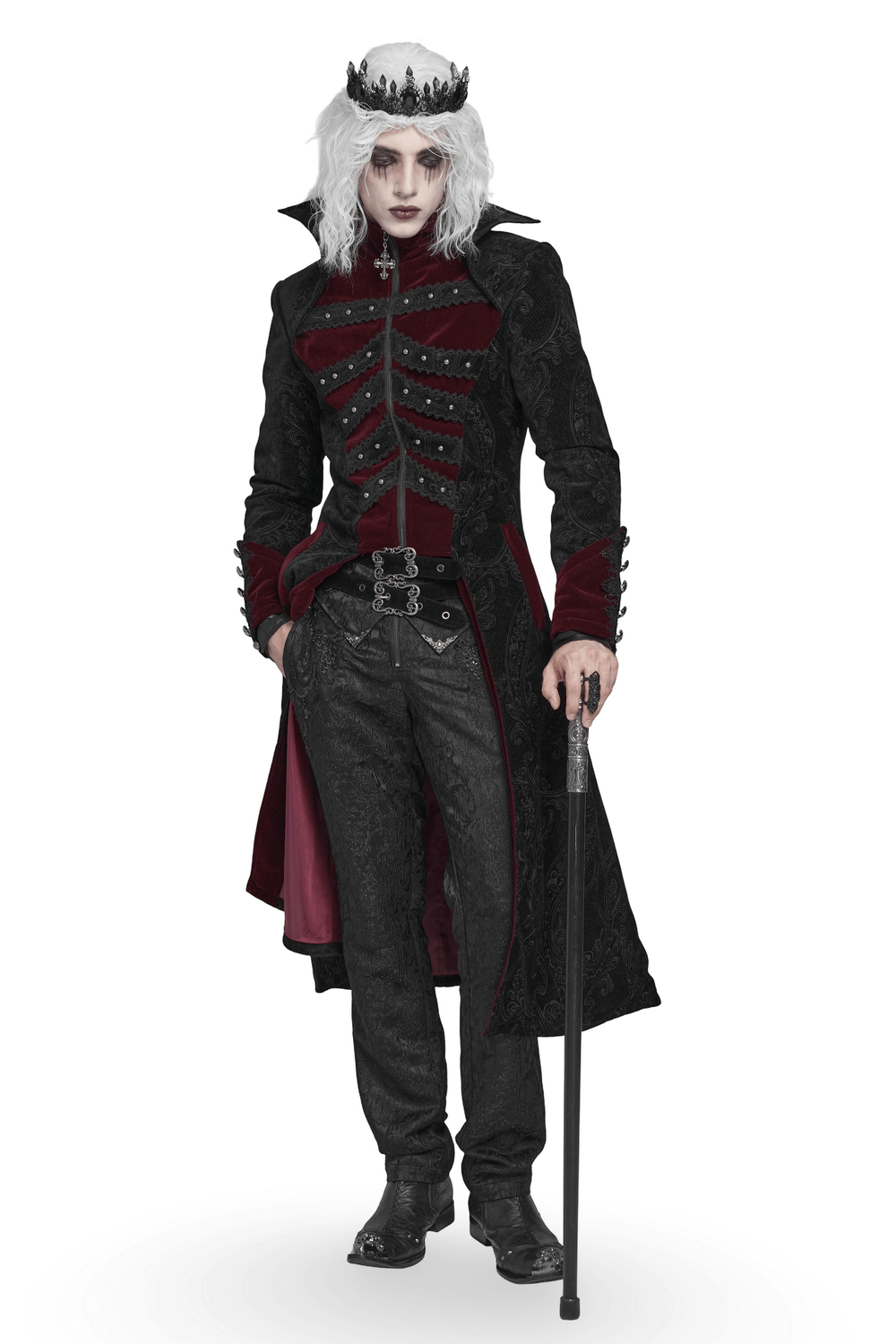 Victorian Gothic Brocade Tailcoat with Wine Red Velvet Trim worn by a model with white hair and crown.
