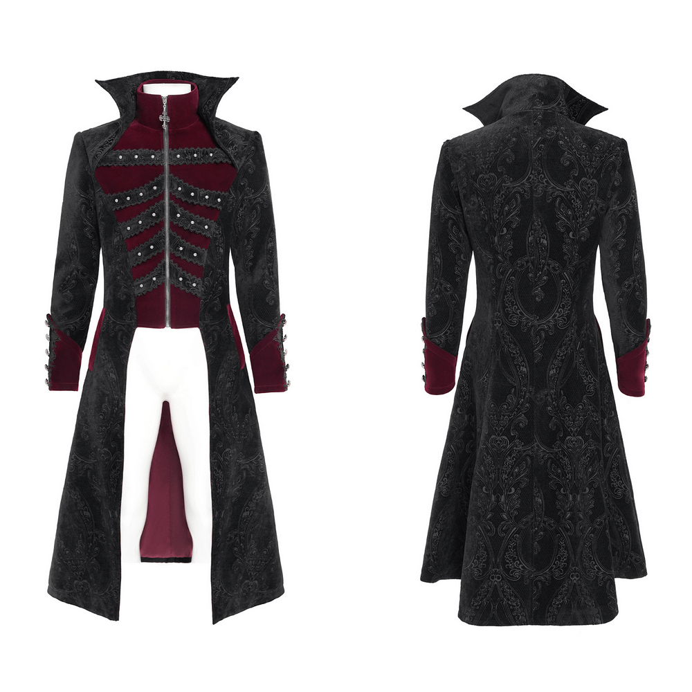 Victorian Gothic Brocade Tailcoat with Wine Red Velvet Trim in black brocade with red accents, front and back view.