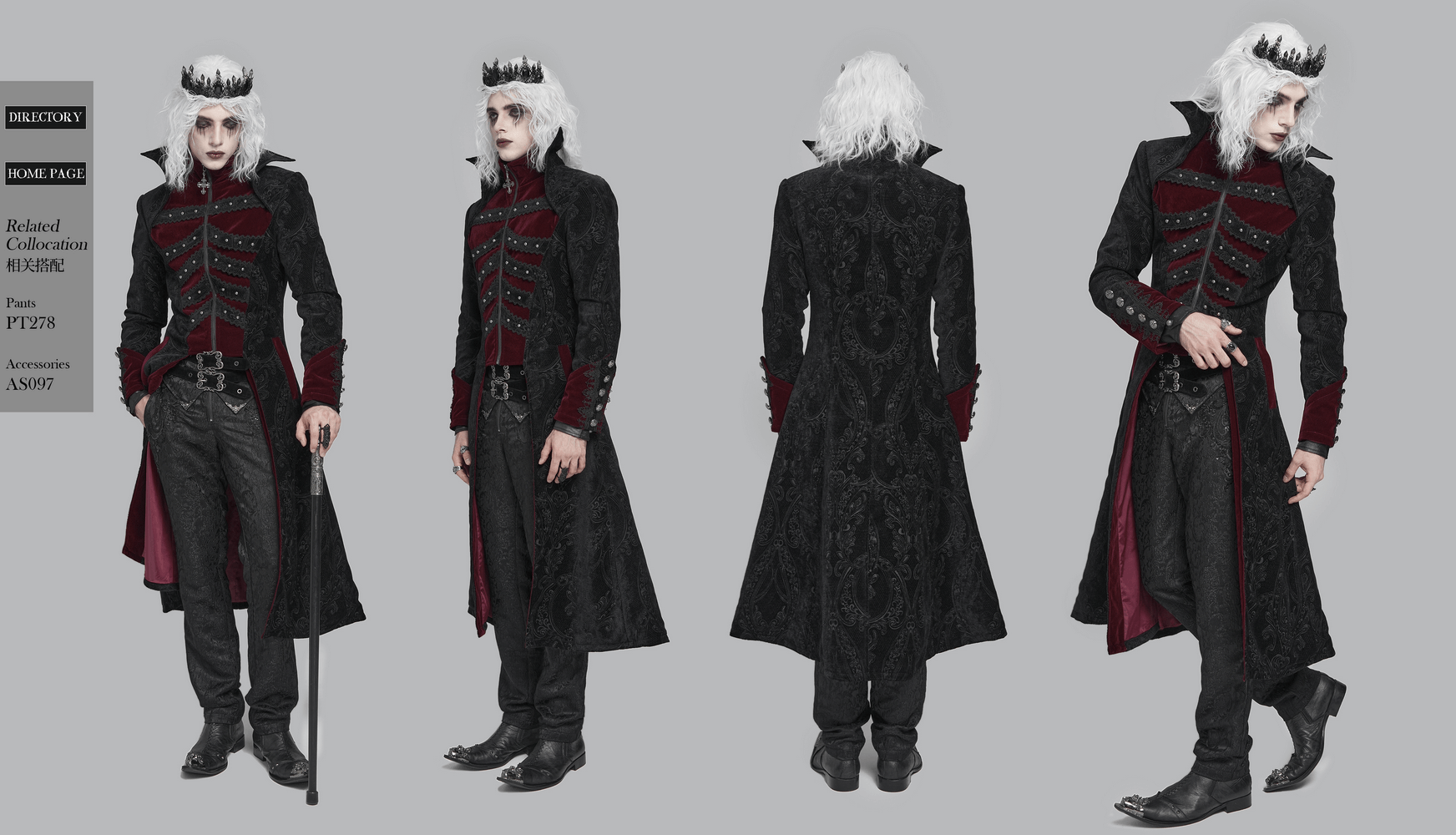 Victorian Gothic Brocade Tailcoat with Wine Red Velvet Trim worn by a model showcasing gothic elegance and style.