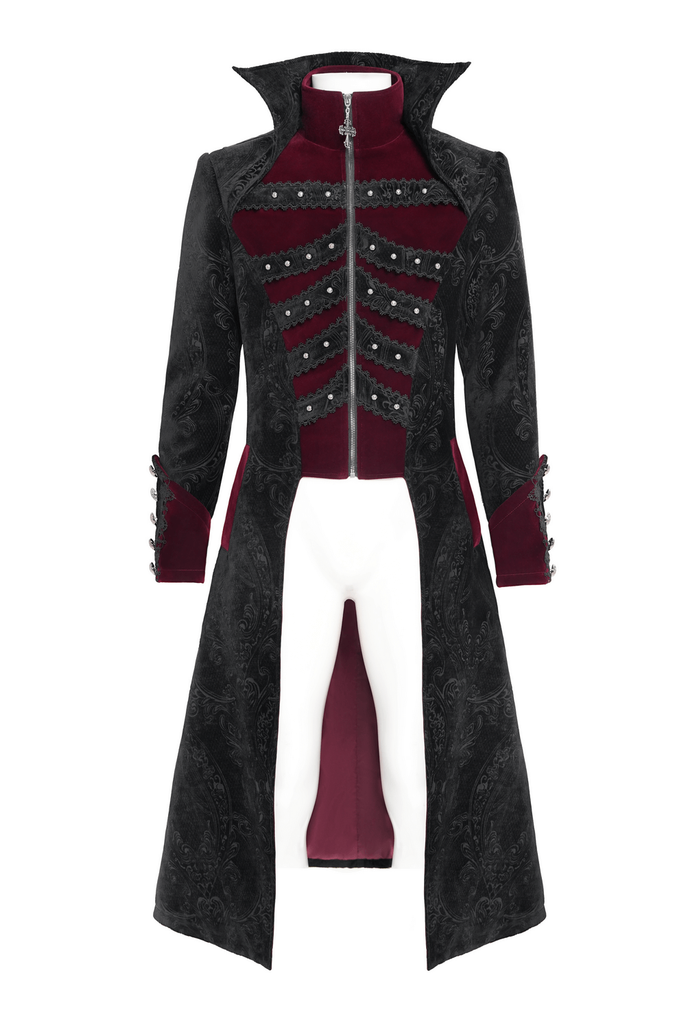 Victorian Gothic Brocade Tailcoat with Wine Red Velvet Trim featuring ornate braiding and a dramatic high collar.