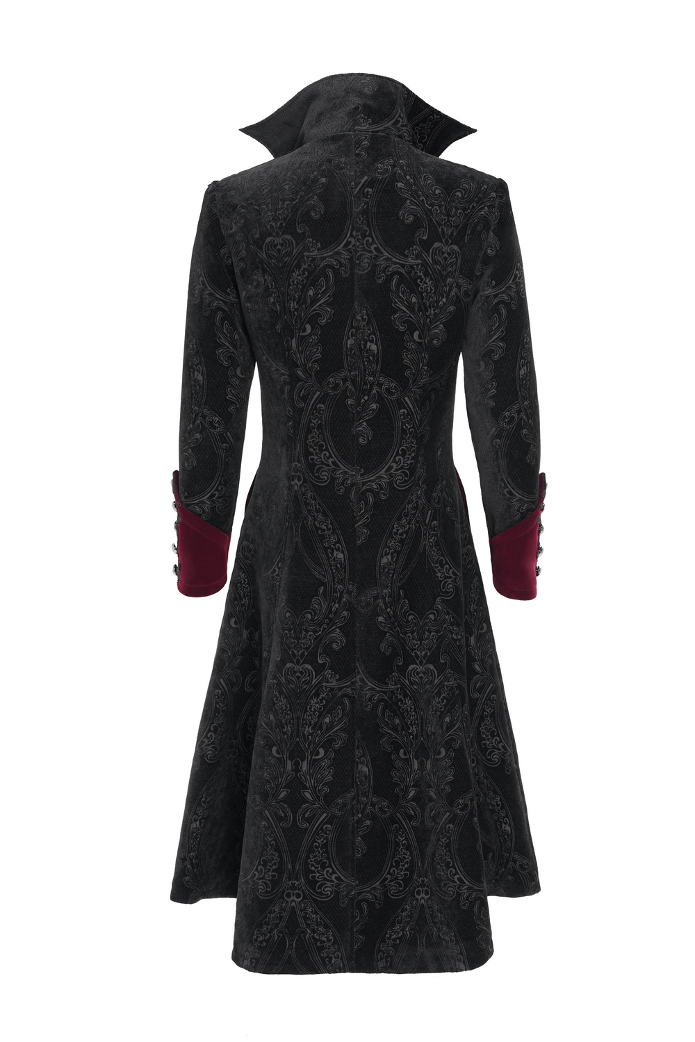 Victorian Gothic Brocade Tailcoat with Wine Red Velvet Trim back view showcasing ornate pattern and high collar.