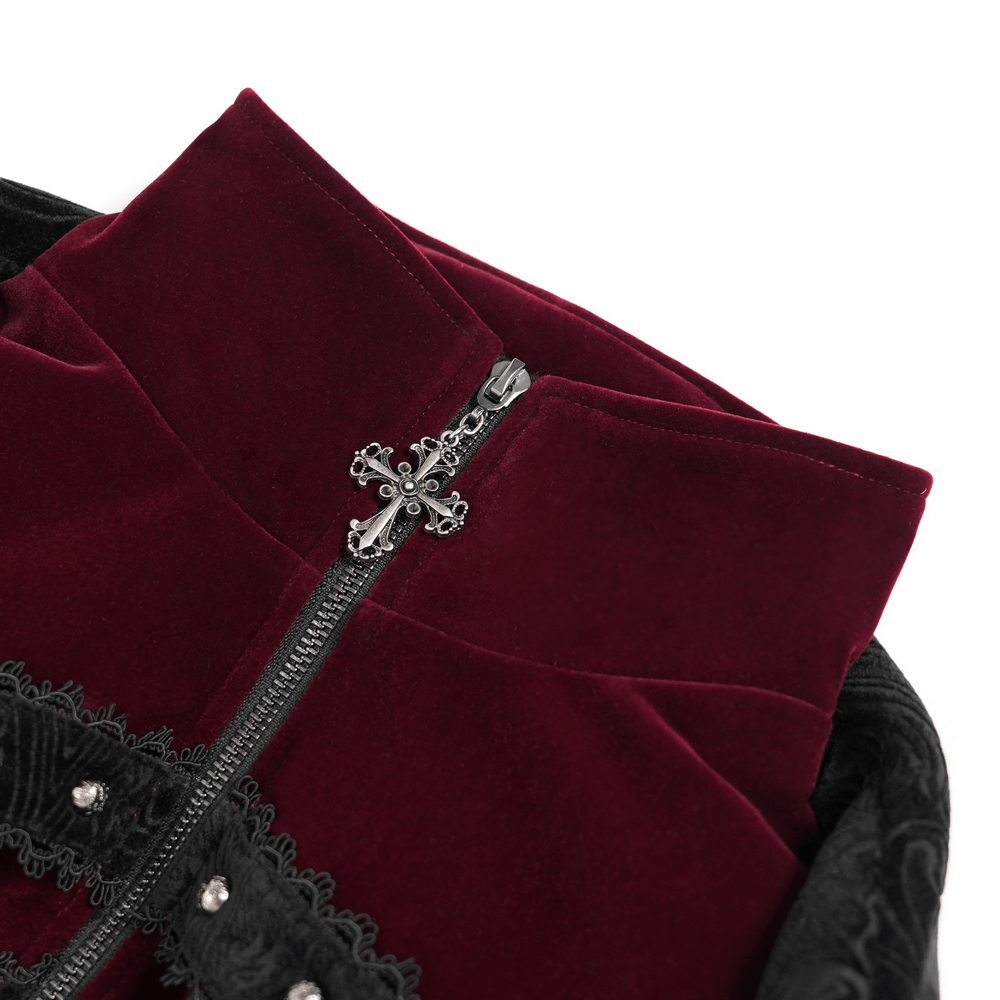 Victorian Gothic Brocade Tailcoat with Wine Red Velvet Trim close-up of collar and zipper details.