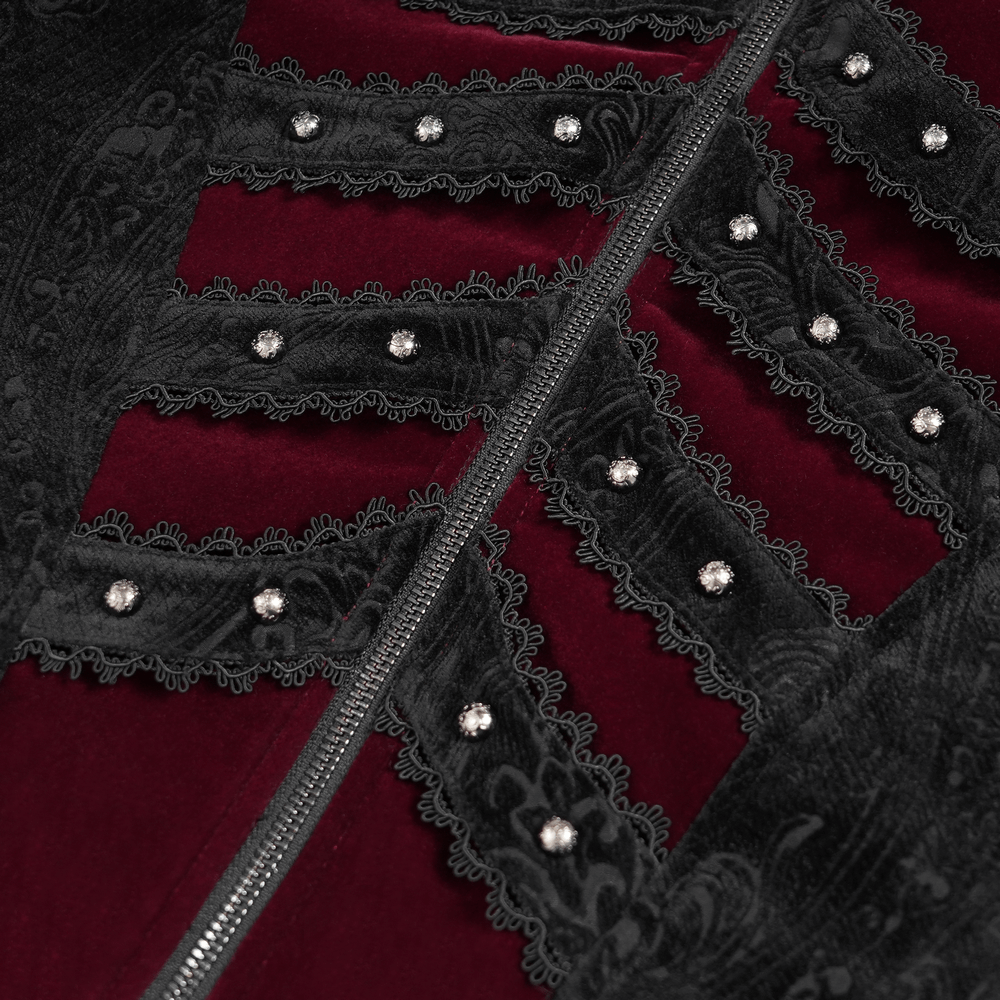 Victorian Gothic Brocade Tailcoat with Wine Red Velvet Trim detailed view of ornate braiding and velvet accents