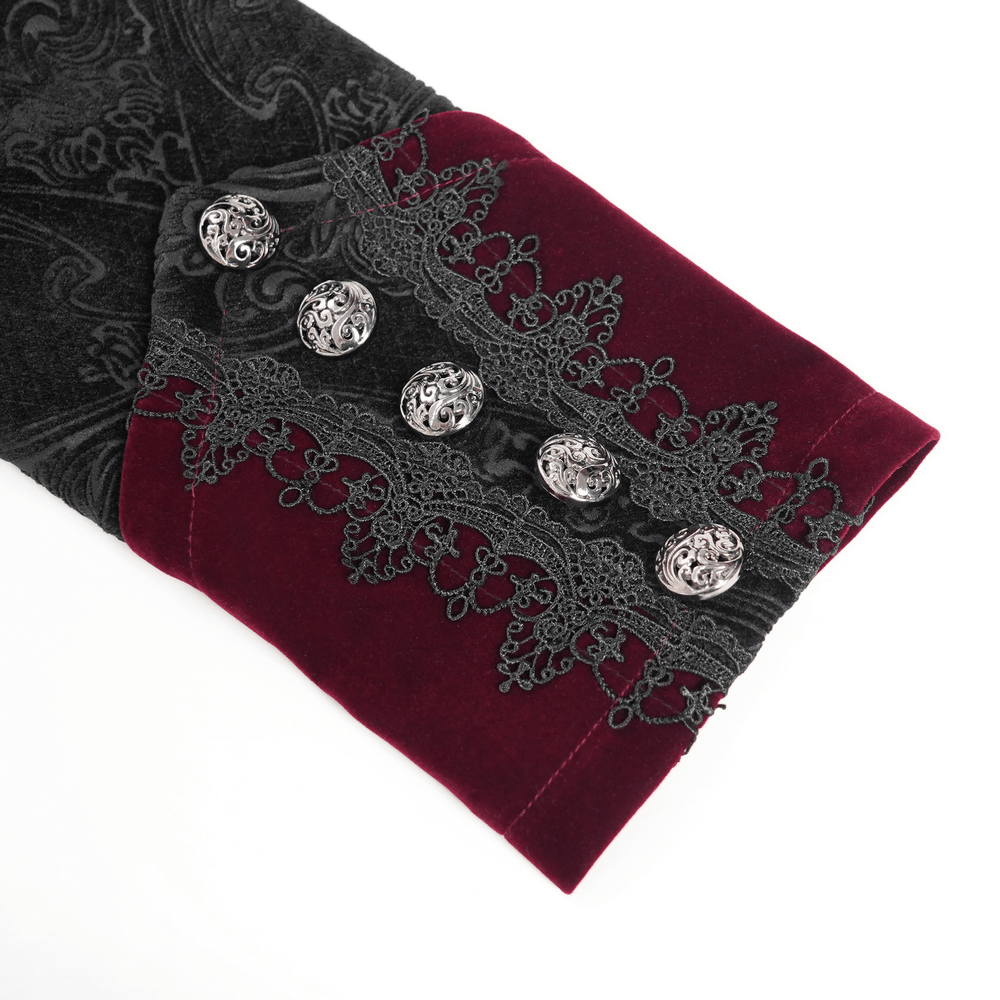 Victorian Gothic Brocade Tailcoat with Wine Red Velvet Trim detailed cuffs featuring ornate braiding and metal buttons.