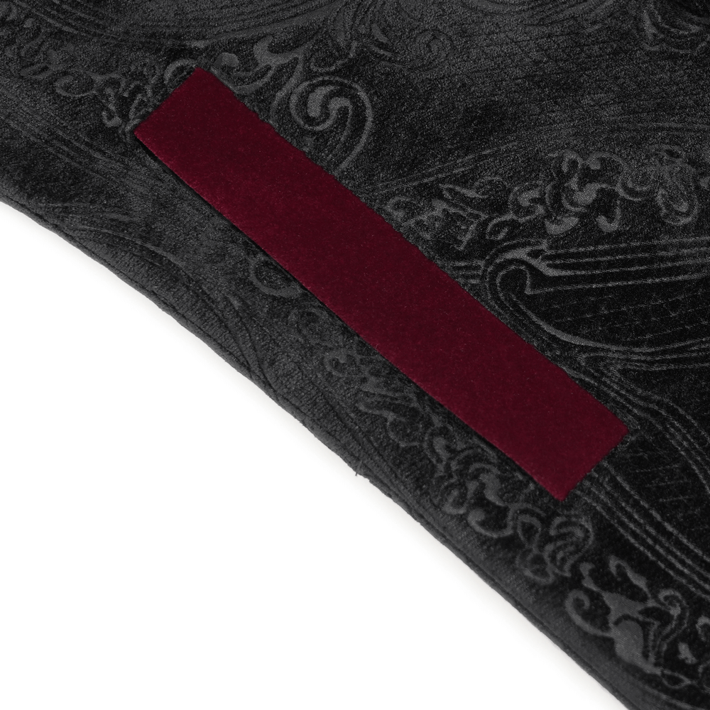 Detail of Victorian Gothic Brocade Tailcoat with Wine Red Velvet Trim showing the rich texture of black embossed brocade and deep red velvet.