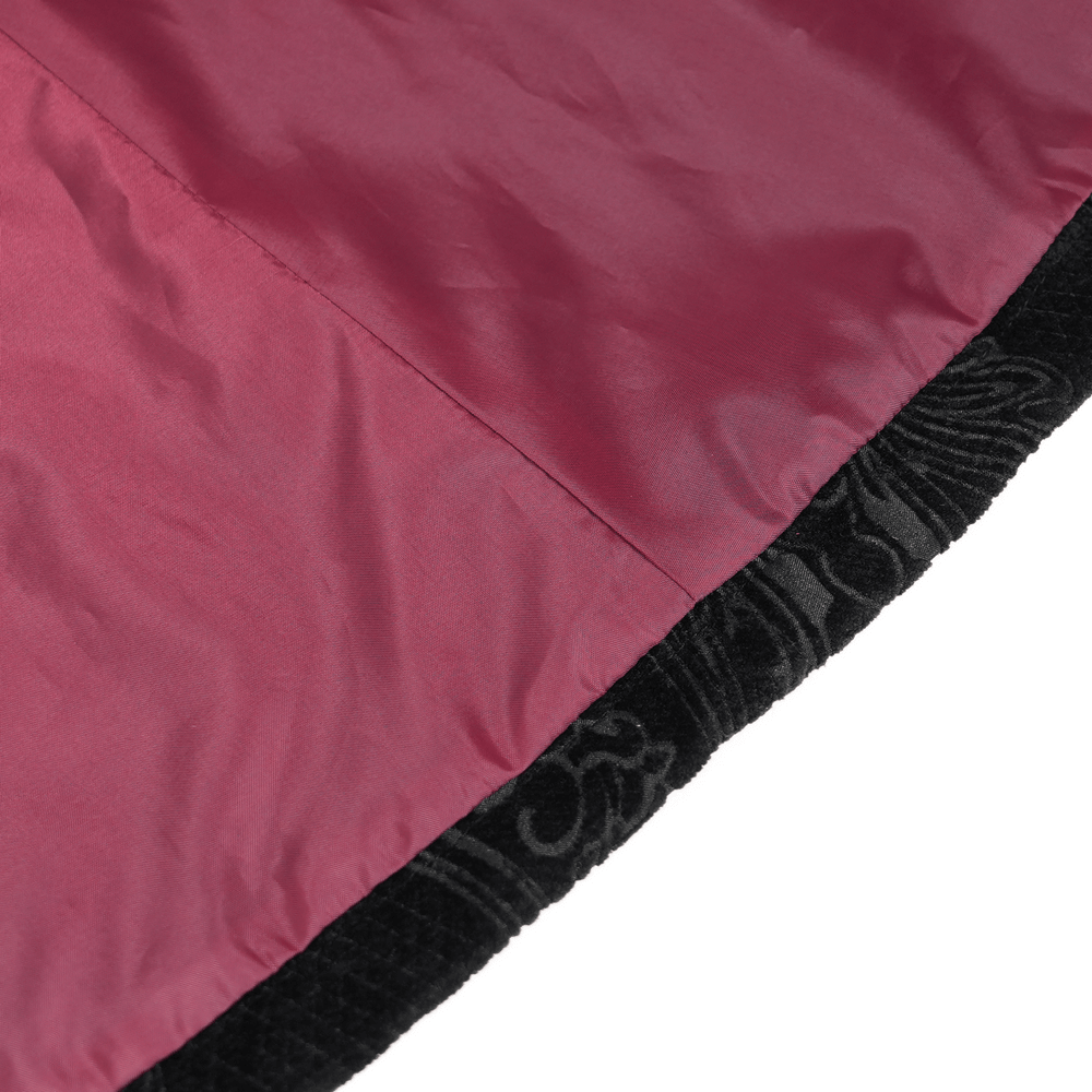 Victorian Gothic Brocade Tailcoat with Wine Red Velvet Trim showing rich wine red and black embossed details.