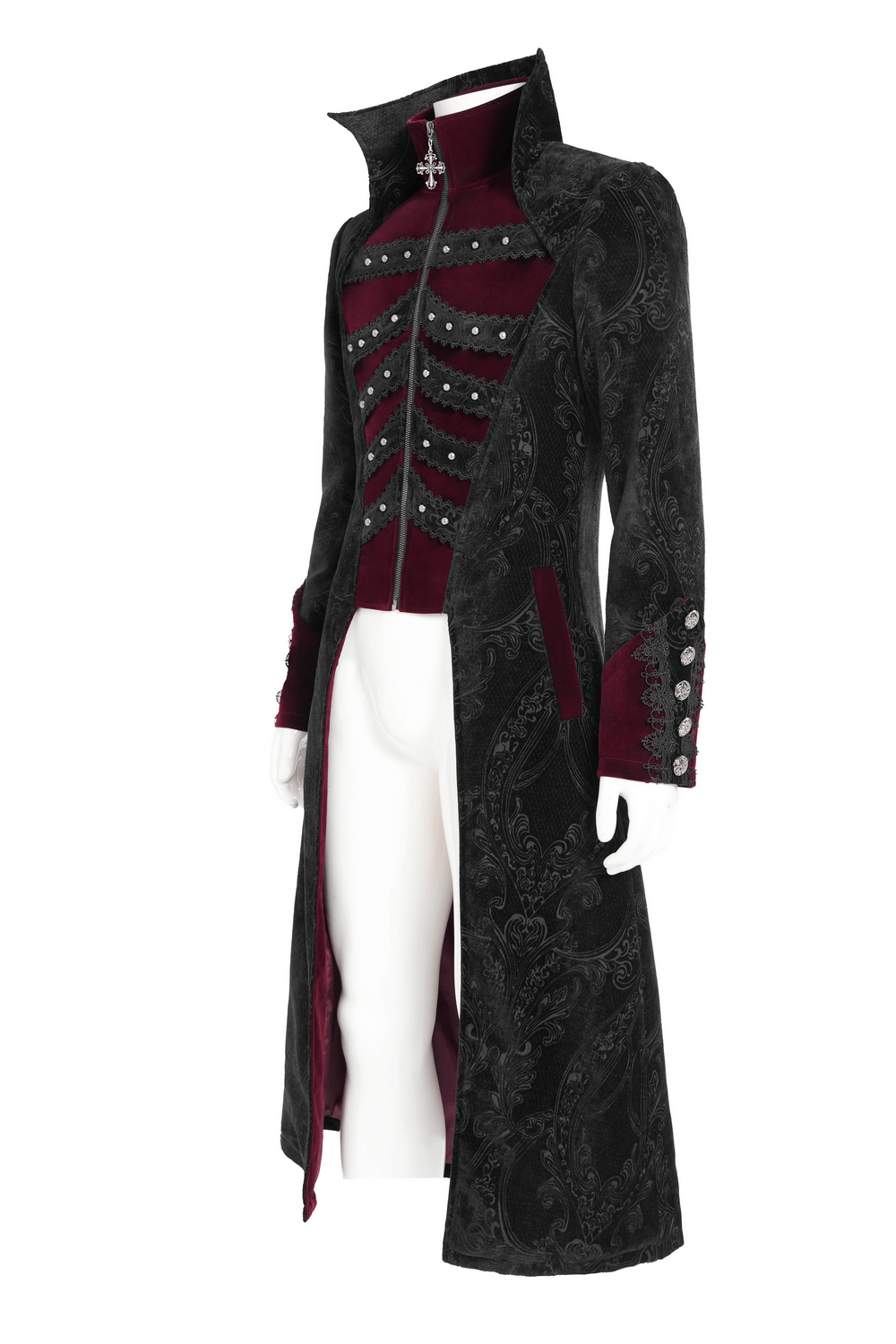 Victorian Gothic Brocade Tailcoat with Wine Red Velvet Trim showcased in profile view with ornate details.