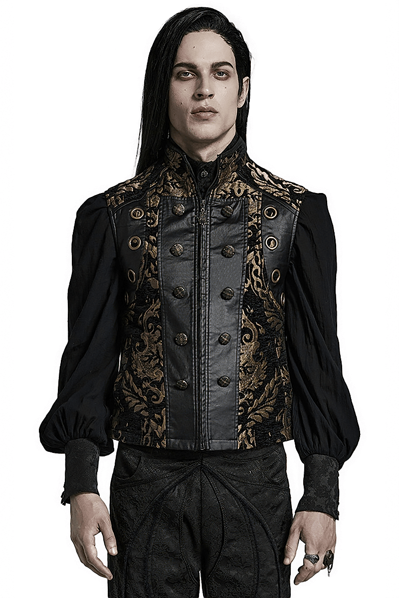 Victorian Gothic brocade waistcoat for men, featuring ornate design and modern rubberized detailing.