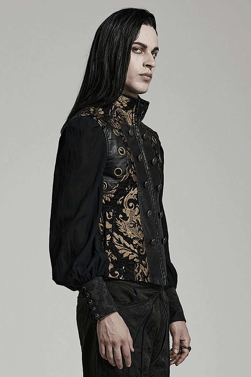 Victorian Gothic brocade waistcoat featuring ornate jacquard fabric and modern rubberized detailing, perfect for men's formal attire.