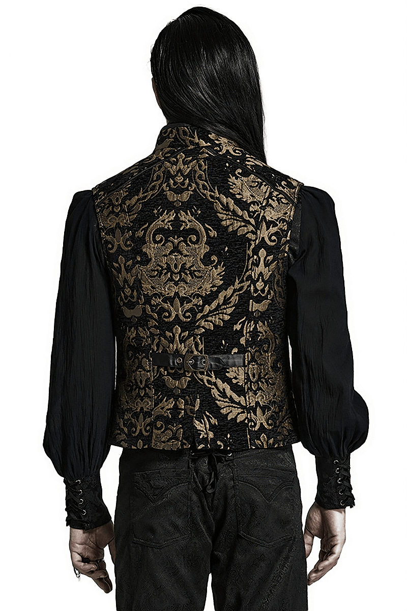 Back view of a Victorian Gothic Brocade Waistcoat with ornate black and gold design, showcasing exquisite craftsmanship.
