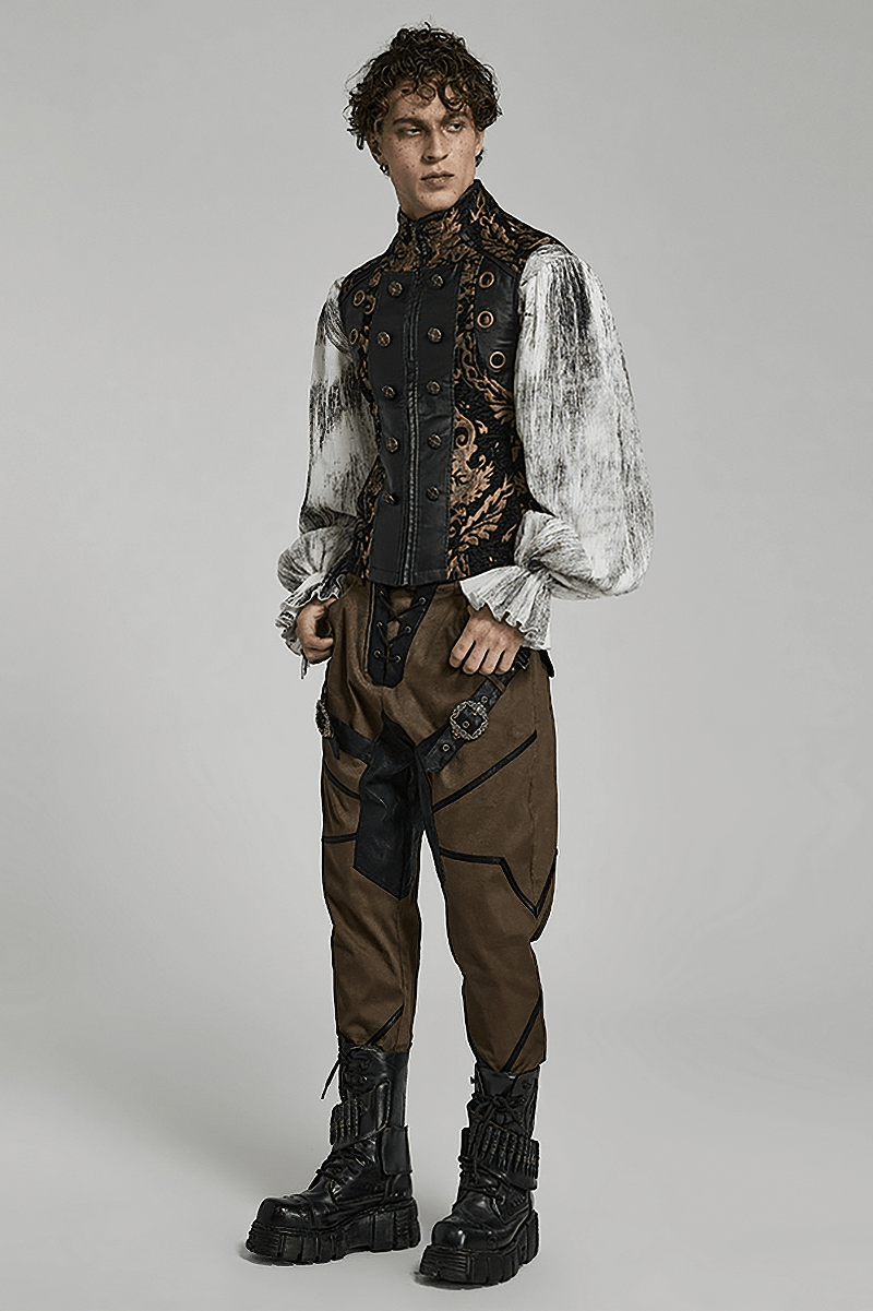 Men's Gothic brocade waistcoat and stylish trousers, showcasing regal vintage fashion with modern flair.